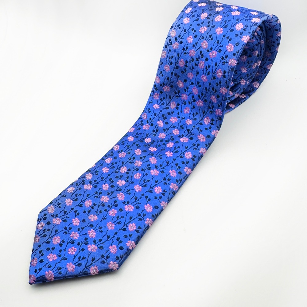 Tattersall London‎ 100% Silk Tie Blue Pink Floral Handmade London Spring